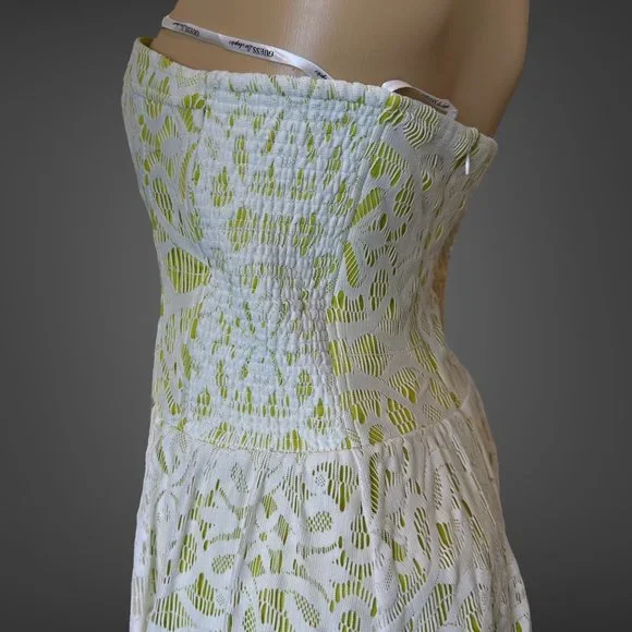 Guess Strapless Dress Size 14 Green White Knee Length Full Lace Stretch Lined - Picture 7 of 16